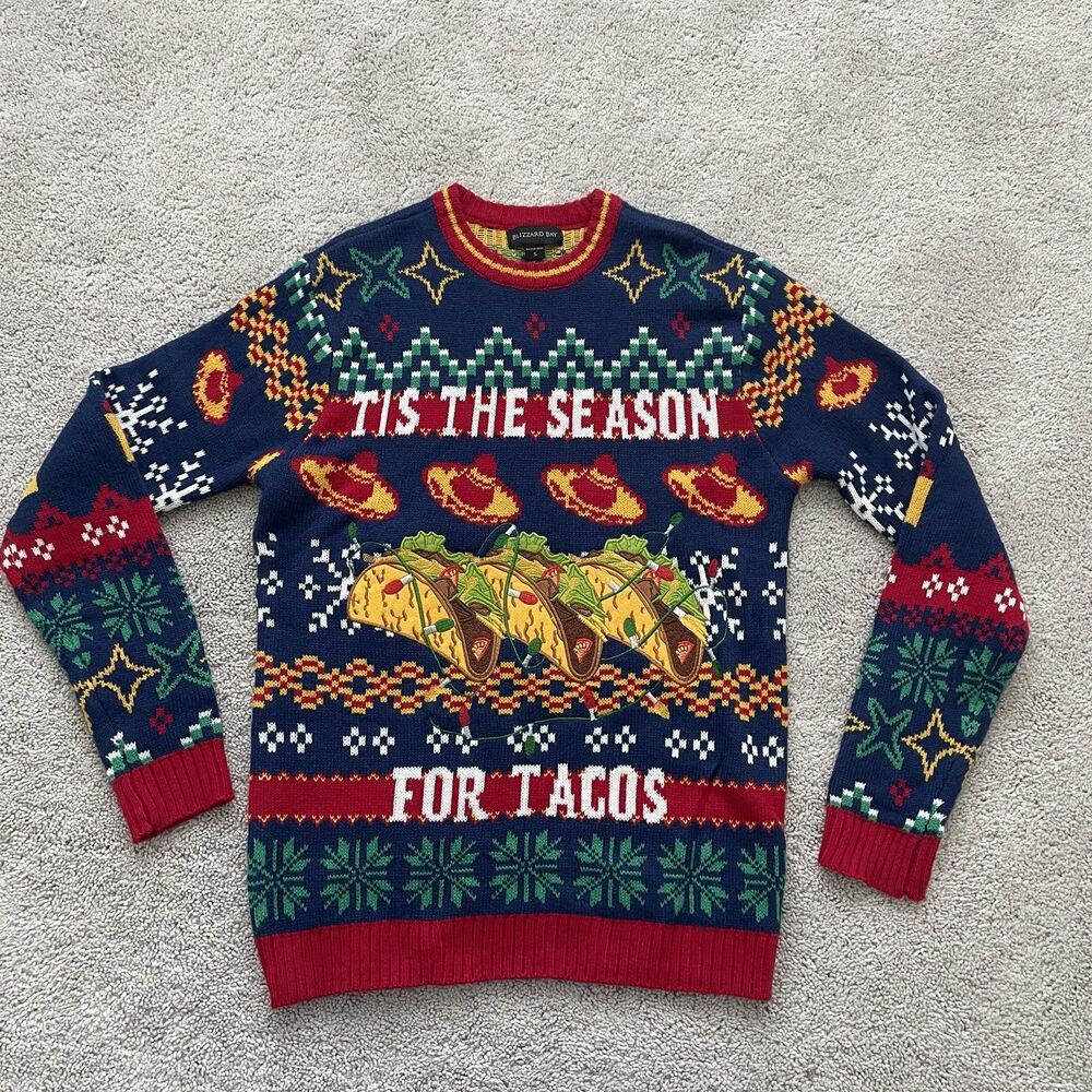 Blizzard Bay Sweater Mens Small Blue Tis The Season For Tacos Ugly Christmas